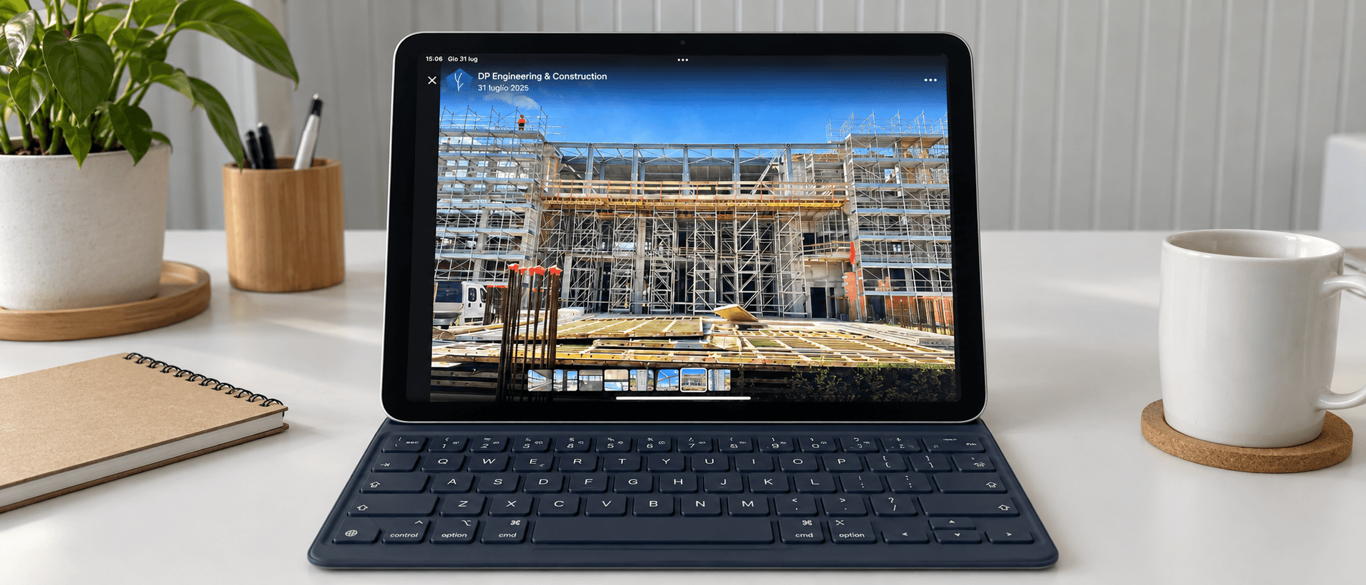 Tablet su una scrivania con fotografia di un cantiere visualizzata sullo schermo